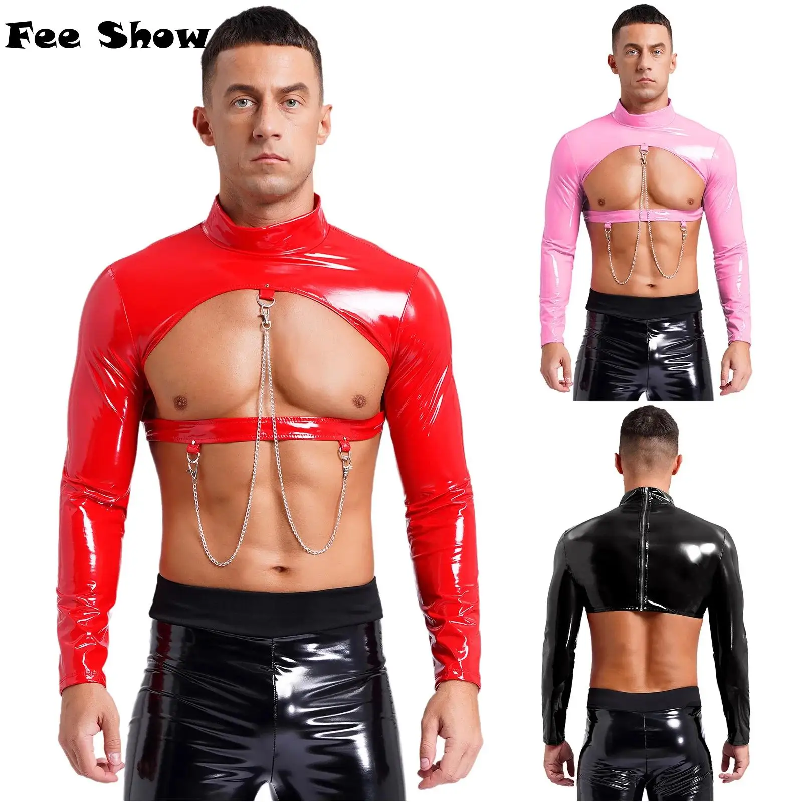 

Mens Glossy Patent Leather Hollow Out Crop Top Metal Chains Stand Collar Long Sleeve Back Zipper T-shirt Muscle Top Clubwear