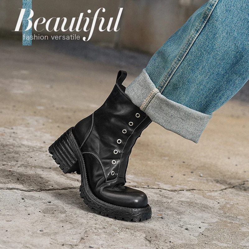 Women's Black Top Calfskin Ankle Biker Boots Silver Grommets Lateral Zip Platform Lug Sole Mid Heel Combat Style Winter Shoes