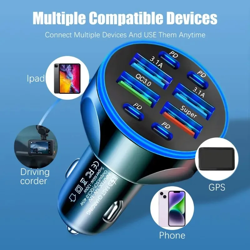 66 واط PD شاحن سيارة 8 منافذ شحن سريع PD QC 3.0 USB C سيارة شاحن سريع نوع-C محول في السيارة آيفون سامسونج شاومي