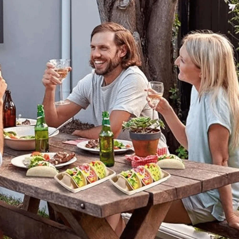 

50Pcs Commercial 3 Compartments Disposable Taco Plates with Lid Biodegradable Taco Holder Stackable Pulp Taco Serving Tray Party