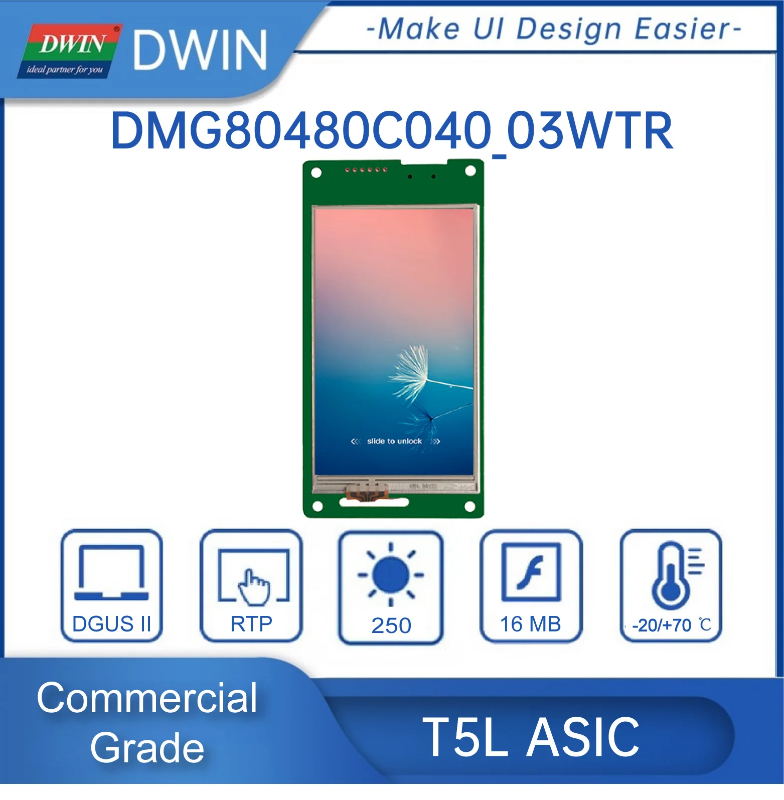 DWIN 4 Inch 16.7M Color Smart IPS TFT LCD Touch Screen 480x800 Pixels Resolution Wide Viewing Angle  DMG80480C040_03W