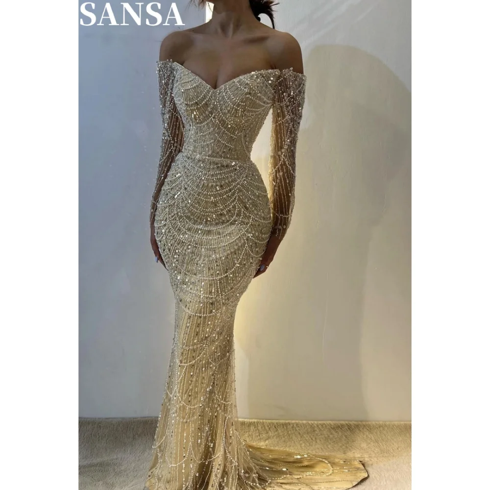 Sansa elegancka linia A frezowanie satynowa suknia wieczorowa dostosowana do podłogi suknie ślubne z odkrytymi ramionami V Neck Vestidos De Fiesta