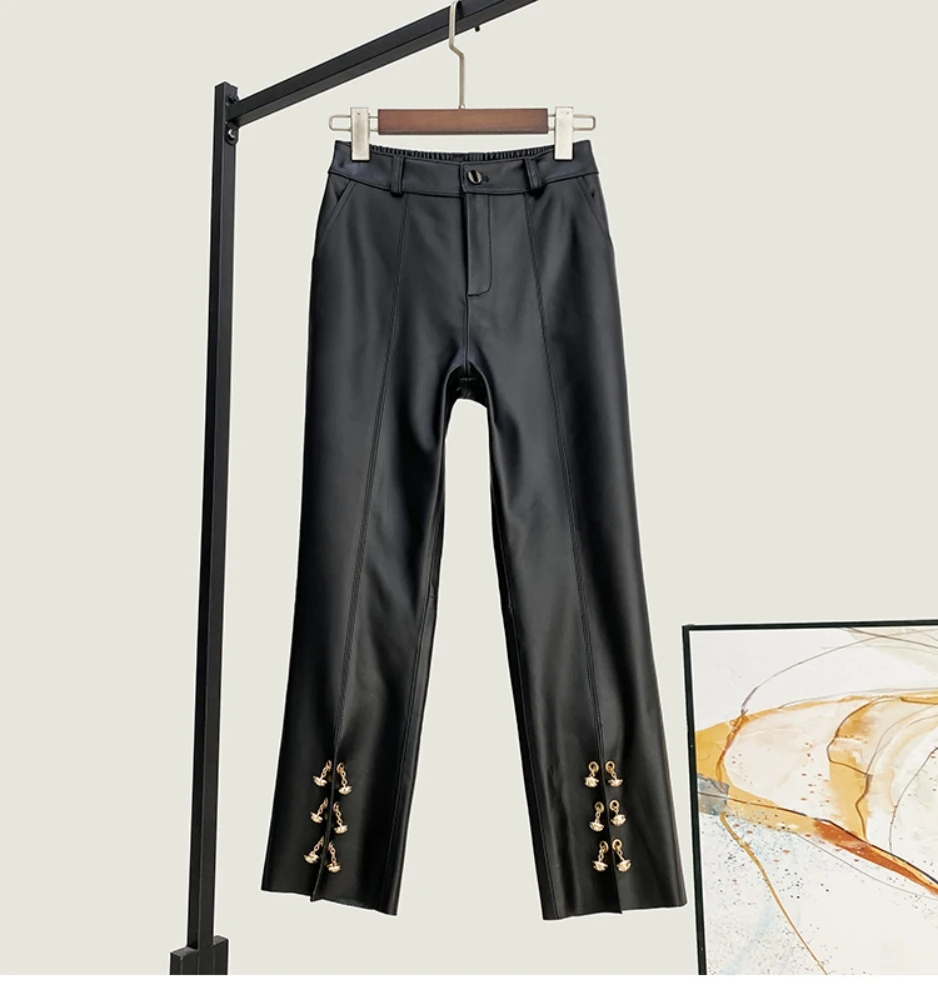 

2023 Autumn Winter Chic Women High Quality Genuine Leather High-rise Straight Pants A584