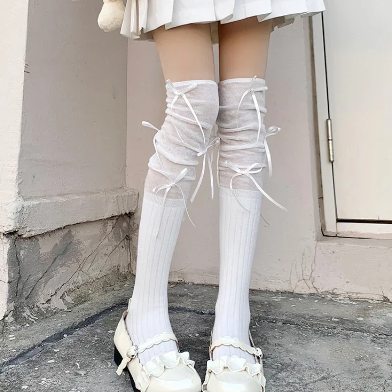 Lolita Long Socks Women Bandage Ribbon Bow Sweet Girls Kawaii Sexy Middle Tube Socks Ballet Style Solid Color Black White Socks image 5