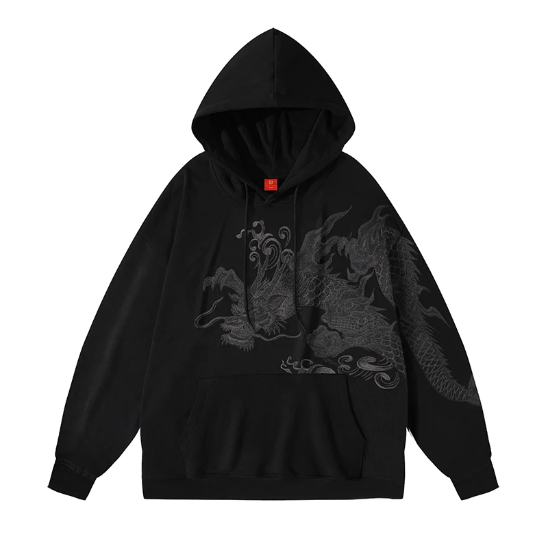 Embroidery Hoodies Men Dragon Vintage Hooded Hoodies Cotton Fashion Hip Hop Sweatshirt Pullover Chinese Casual Hoody Unisex 2023