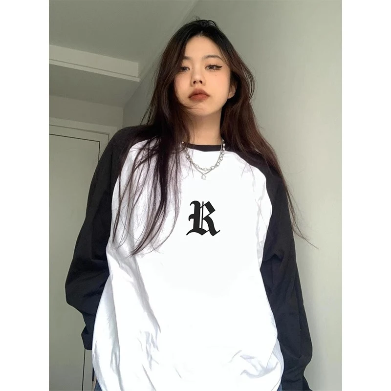 

New 2023 Female T-shirt O-Neck Long Sleeve Harajuku Streetwear Women Spring Autumn Contrast Color Patchwork Unisex Oversize Tops