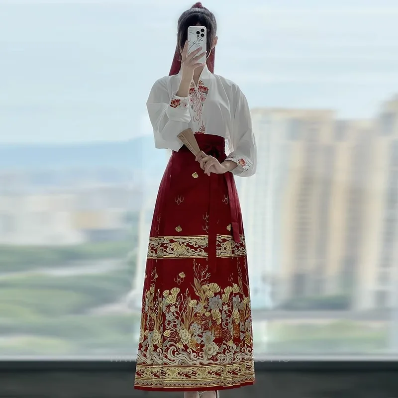 WATER Horse Face Skirt Ming Hanfu Chinese New Year Red Dresses Modern Style Embroidery Aircraft Sleeves Commuter Work Daily Wear