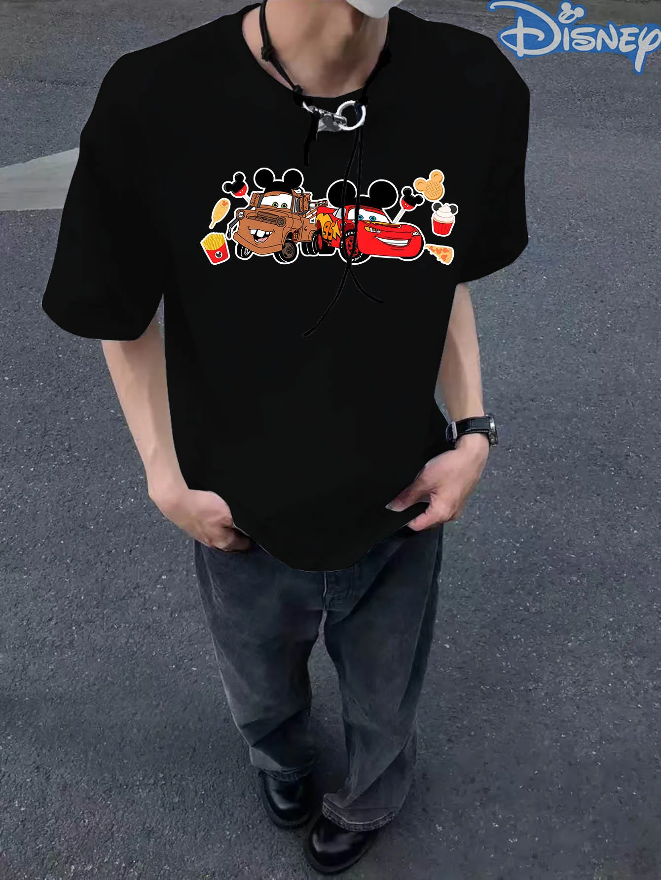 2025 뉴 디즈니 라이트닝 맥퀸 캐주얼 퓨어 코튼 워시드 티셔츠 빈티지 스트리트 컬리지 스타일 Y2K 스타일 하라주쿠 유니섹스 스타일