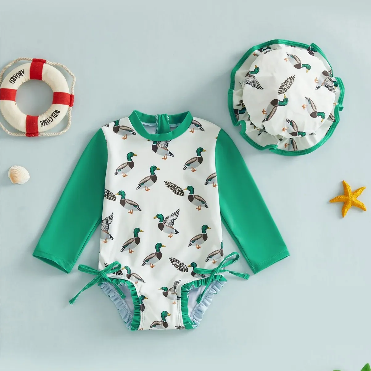 Summer Girls One-piece Swimsuit Kids Cute Cartoon Print Sun-protective Long Sleeve Quick-Dry Triangle Swimwear Baby Bathing Suit