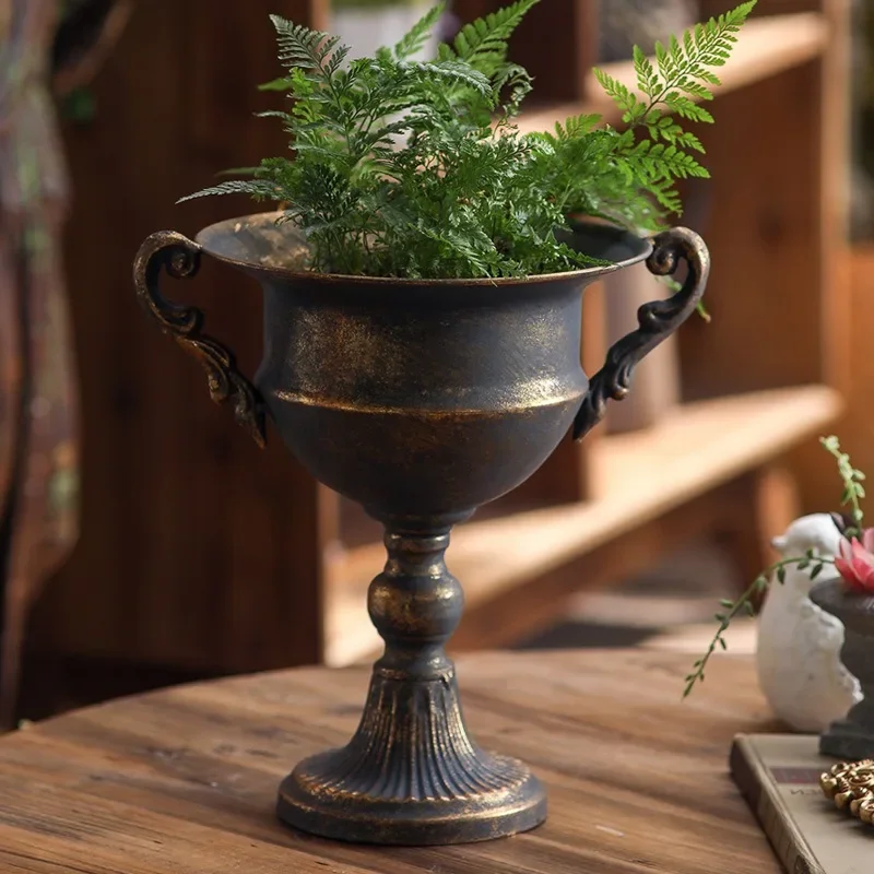 Gold vase classical goblet flower pot retro dining table floral wrought iron metal European wedding ornament