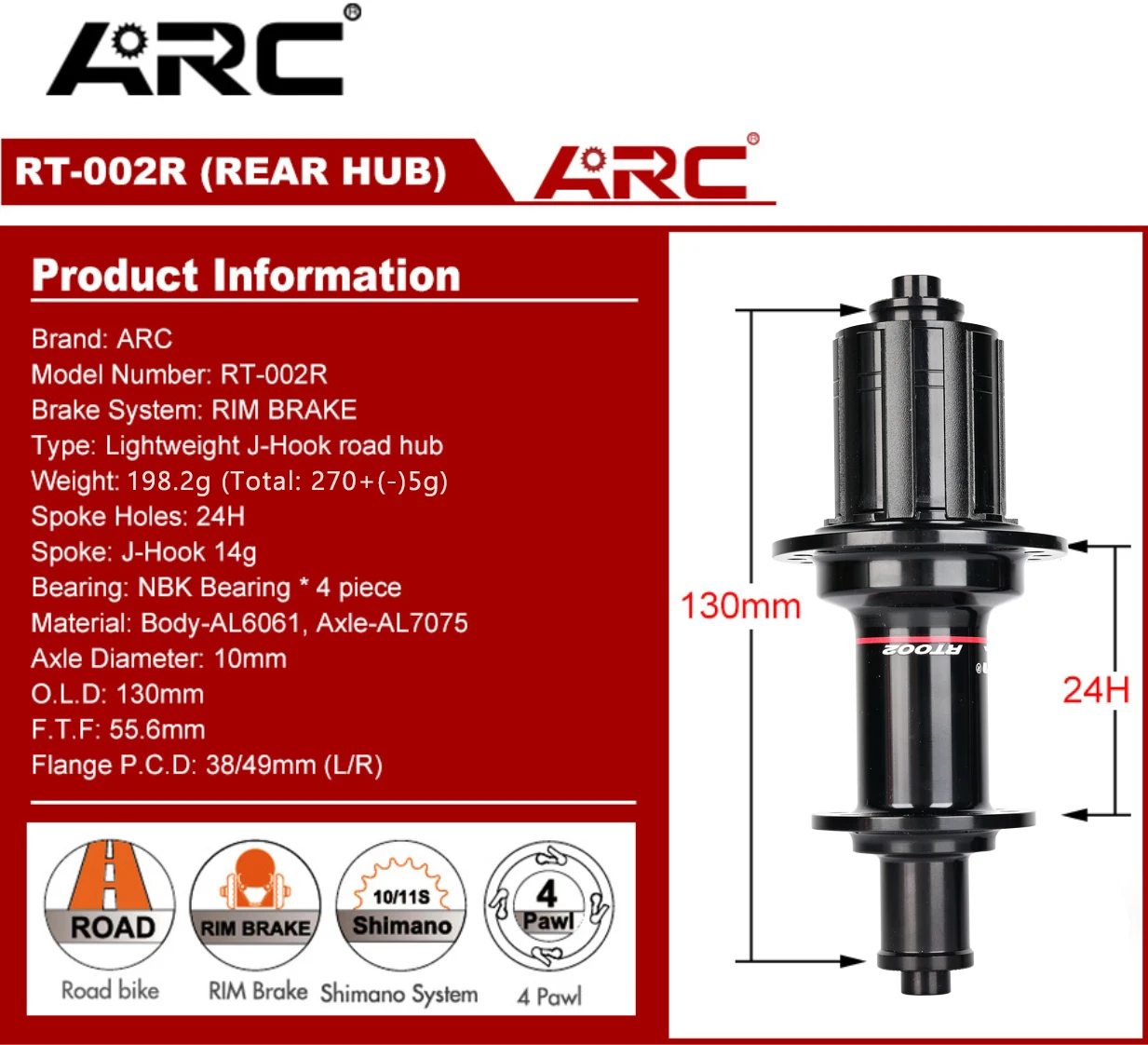 ARC Road Bike Hub Set 4 Pawls 48 Clicks High-Engagement 100/130MM NBK Sealed Bearings 20/24 Holes V-Brake 8-11 Speed Ultralight