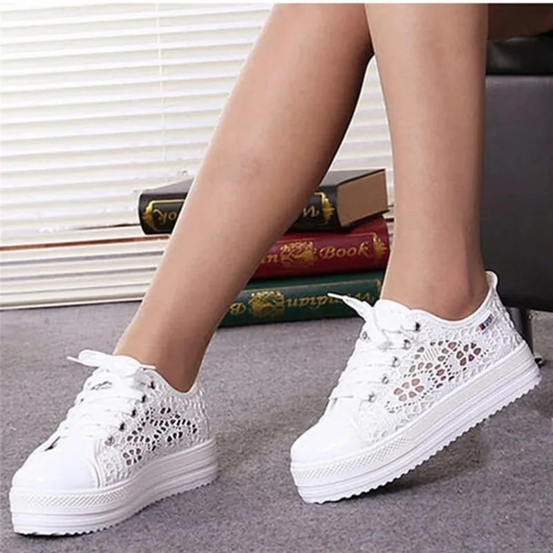 Women Shoes 2024 Fashion Summer Casual White Shoes Cutouts Lace Canvas Hollow Breathable Platform Flat Shoes Woman Sneakers