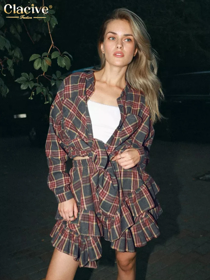 Clacive Fashion Loose Plaid 2 Piece Sets Women Outfit 2025 Elegant Long Sleeve Blouse With High Waist Pleated Mini Skirt Set