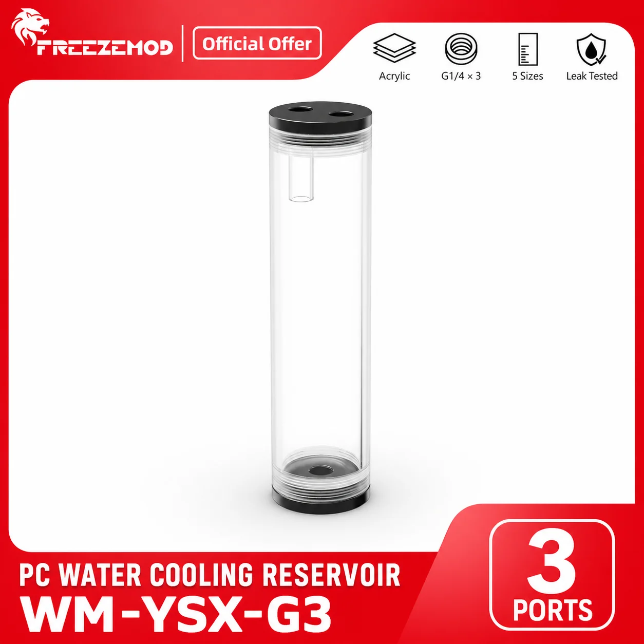 FREEZEMOD WM-YSX-G3 PC Water Cooling Reservoir Acrylic Cylinder Tank 3-Port G1/4 POM Cap 115-375mm