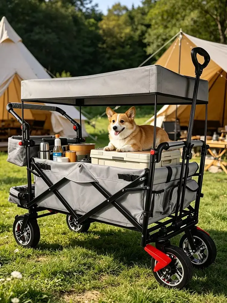 Faltbarer Outdoor-Reisewagen Zusammenklappbarer Baby-Bollerwagen Camping-Trolley mit Sonnendach Stoßdämpfer Handwagen Strand-Kinderwagen