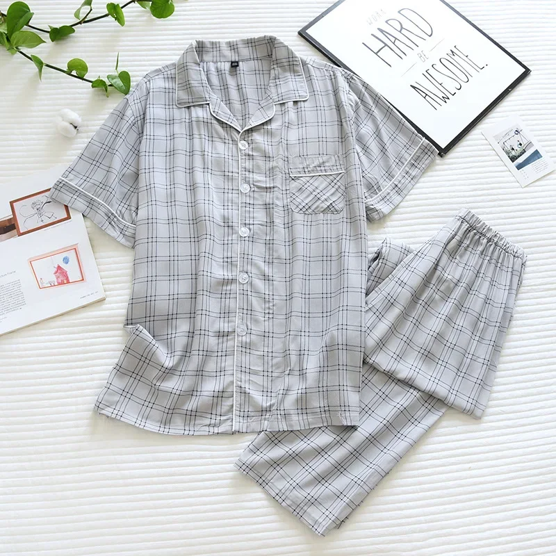 2024 new men\'s short-sleeved trousers pajamas two-piece 100% viscose spring and summer thin plaid large size home service cover