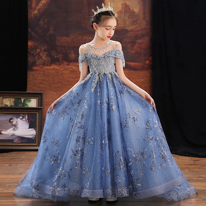 Kids Girls Christmas Formal Evening Long Dresses Evening Fairy Gown and Maxi Dress Up Costumes for Children Luxury Blue Vestidos