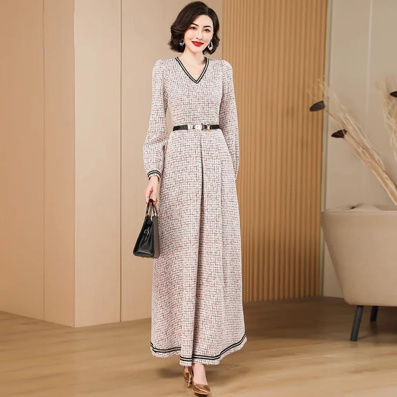 

New Women Exquisite Jacquard Knitted Long Dress Spring Autumn Fashion Elegant V-Neck Long Sleeve Slim Waist Elastic Dress Thick