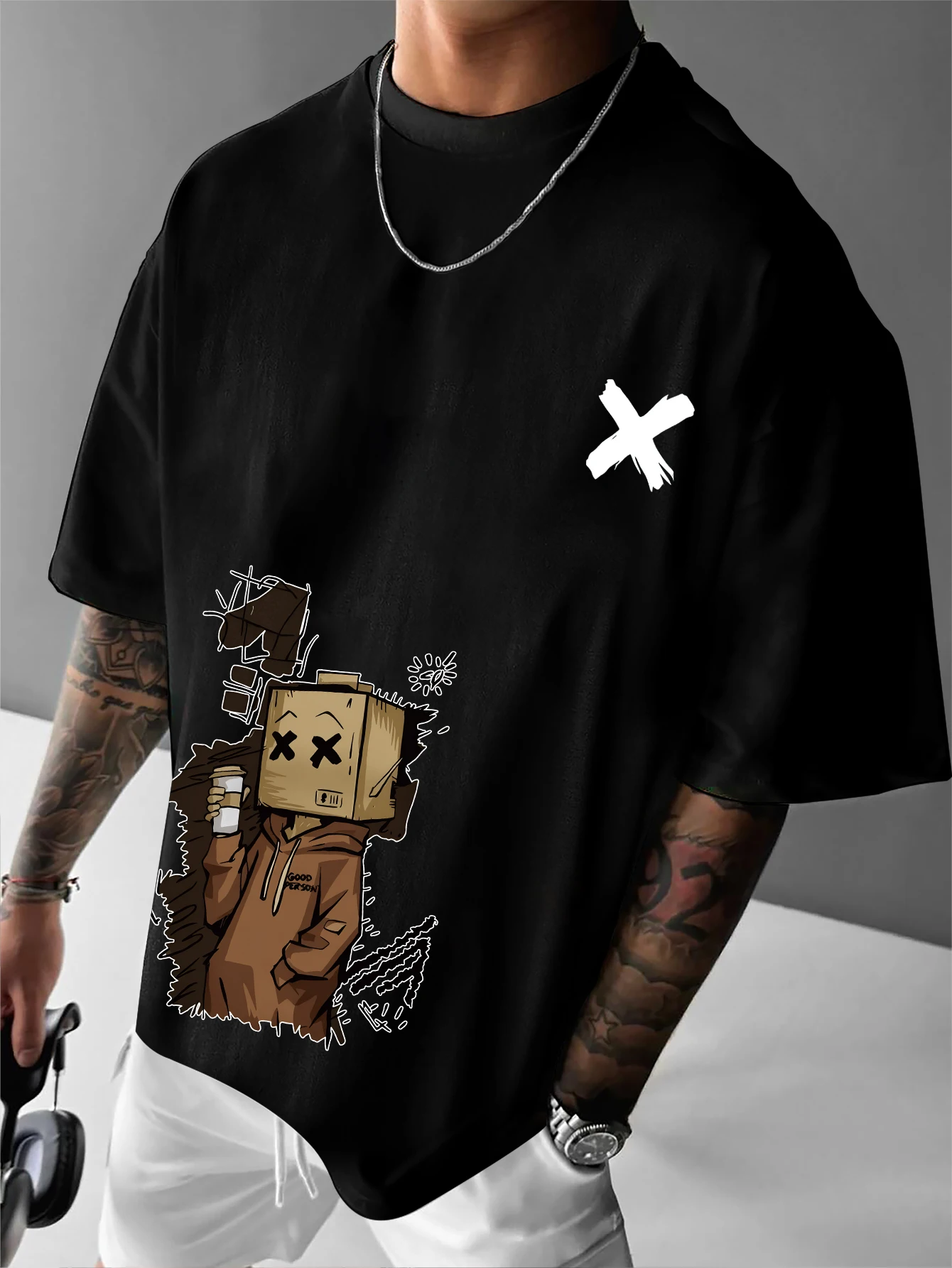 Men Summer Streetwear Box Head Cartoon Character Cross Mark Graphic Casual Crew Neck Short Sleeve T-Shirt S-XXL