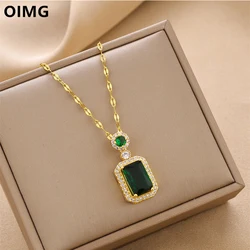 OIMG 316L Stainless Steel Temperament Green Red Imitation Gemstone Square Pendant Necklace For Women Girl Wedding Party Gifts