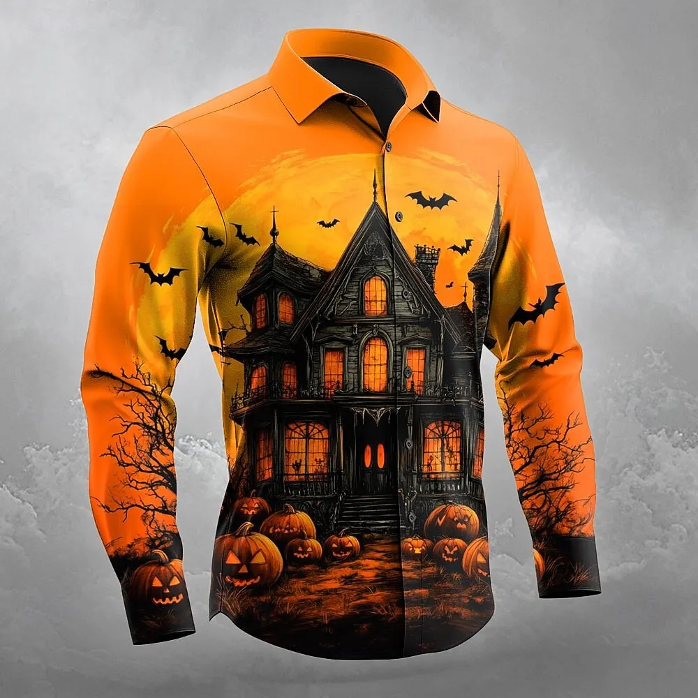 

2025 Fall Winter Men's Pumpkin Haunted House Halloween Costumes Shirt Button Up Shirt Long Sleeve Shirts Gothic Style Tops