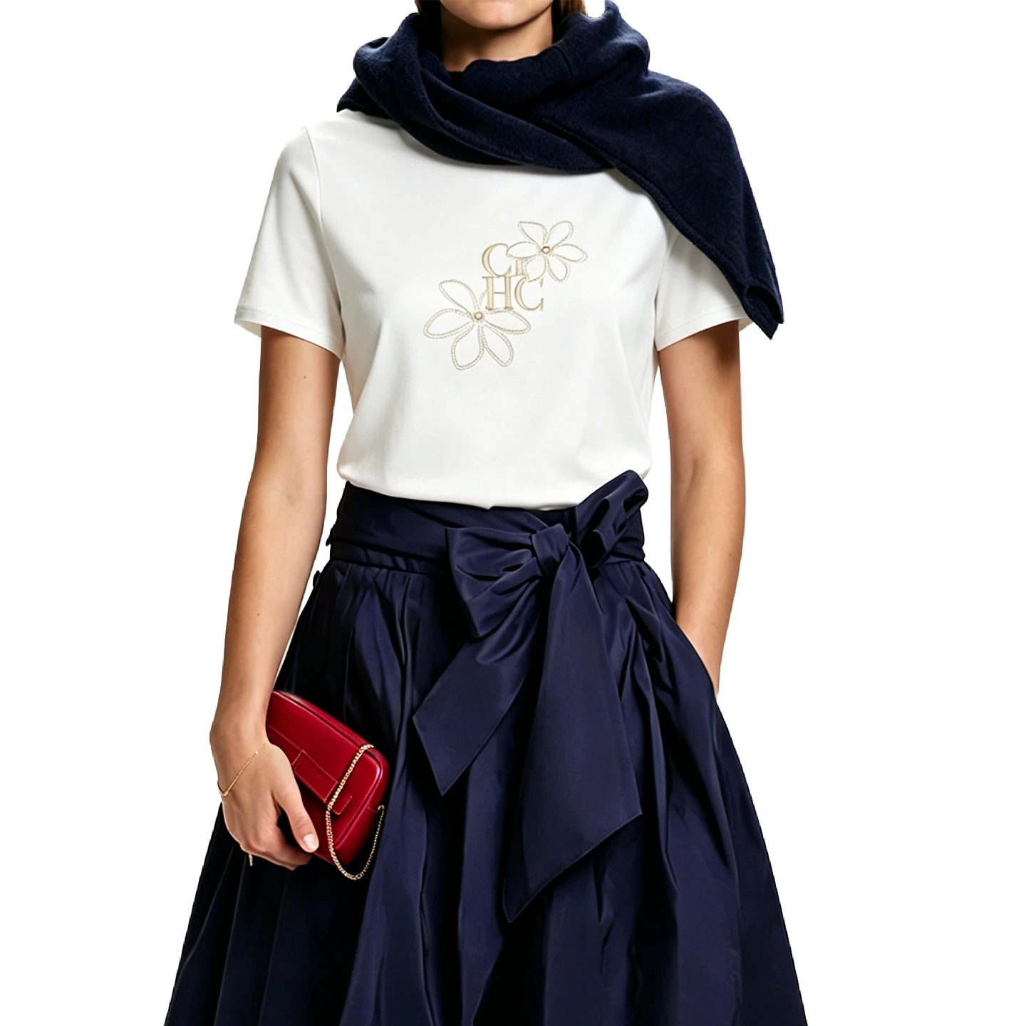 CH Damen-T-Shirt mit Rundhalsausschnitt, weiß, mit Blumenstickerei und Buchstaben-Aufdruck, weiches, lässiges Kurzarm-T-Shirt – Detail 6