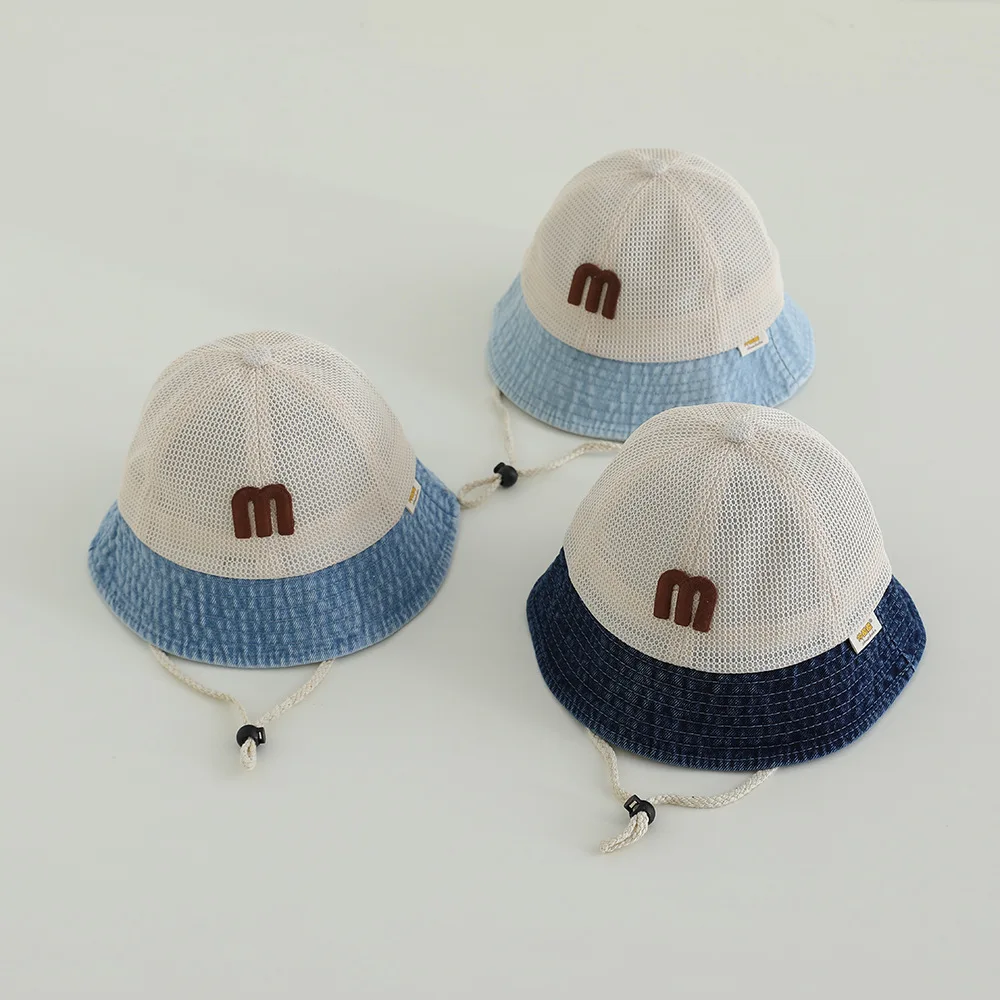 

M Letter Children Basin Hat Fashion Kids Summer Mesh Baby Cap Solid Cotton Bucket Hats 1-4year Boy Girl Baby Sunshade Visors