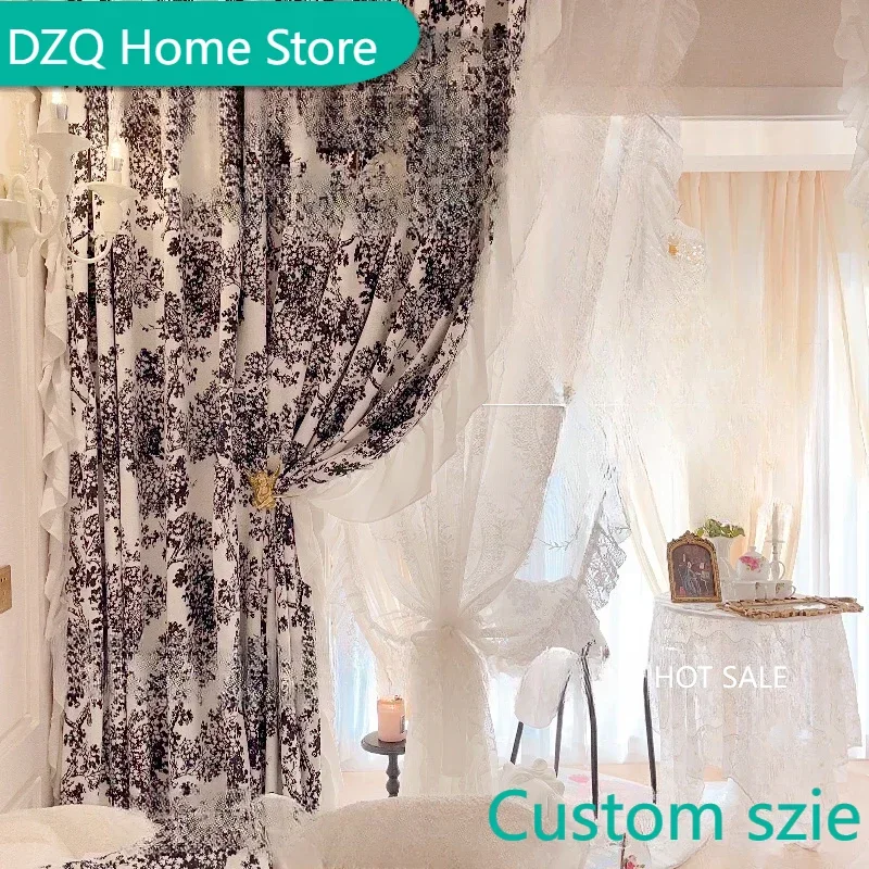 

French Curtains for Living Dining Room Bedroom Chenille Shading Bay Window Ruffled Edge Light Luxury, Princess Style Retro