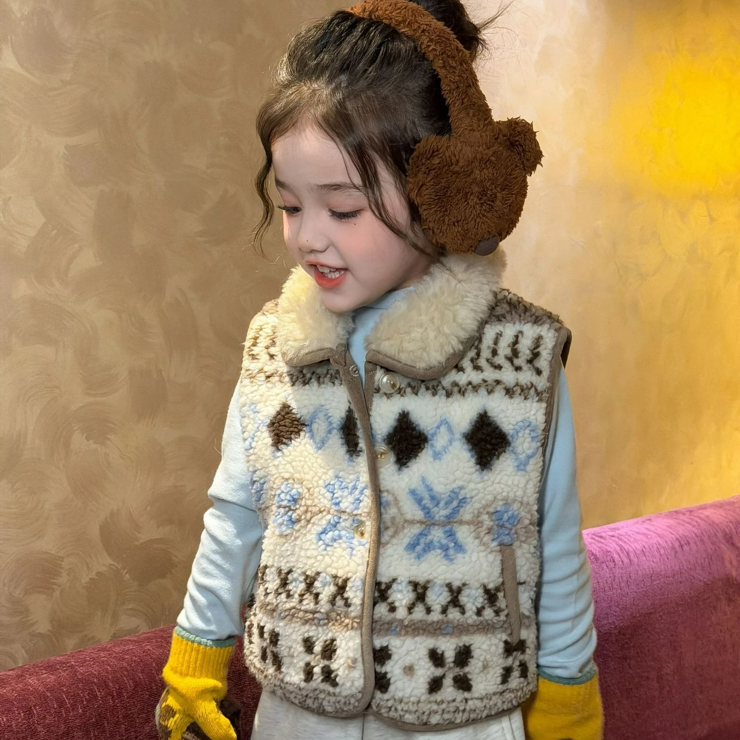 Kids Knit Vest Girls 2026 New Autumn Winter Fair Isle Fleece Lined Thickened Sleeveless Children Waistcoat