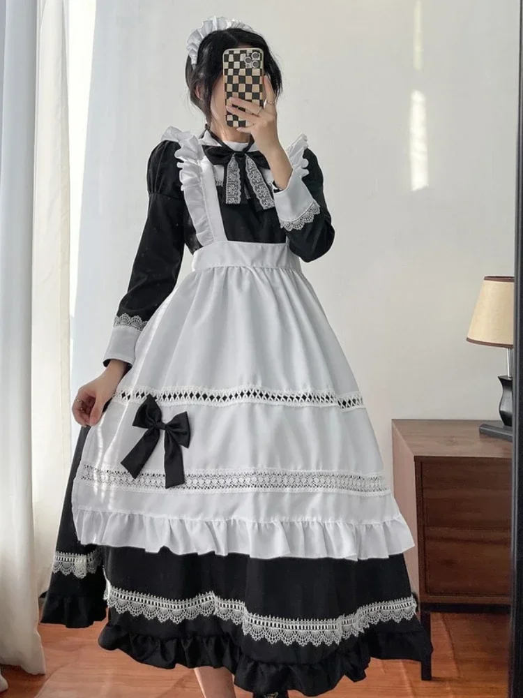 Plus Size Lolita Dress Anime Cosplay School Girl Maid Uniform Goth Lolita Black White Medieval Dress Long Sleeve Apron Outfits