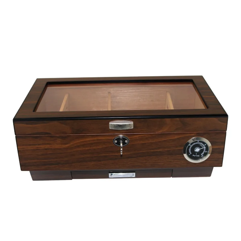 Piano Paint Cigar Display Humidor Cedar Wood Cigar Humidor With Safety Lock Humidifier Hygrometer Glass Top Cigar Display Box