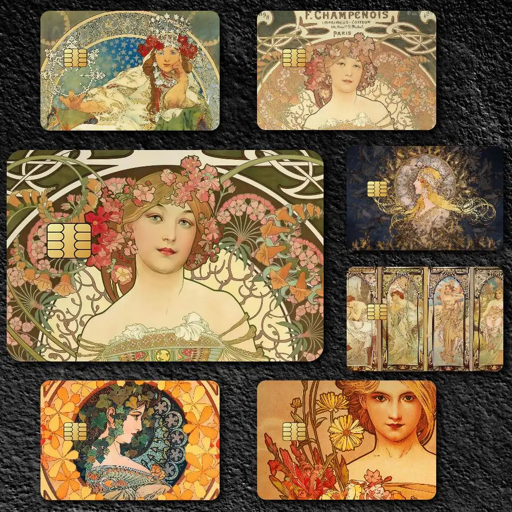 Art A-Alphonse M-Mucha illustration Waterproof Film Skin Card Stickers Cover Credit 4PCS Debit Front Decoration Bank Bus Pass
