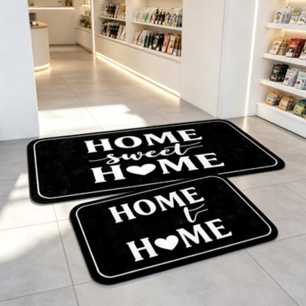 Black HOME SWEET HOME Mat, Welcome Black Cat Washable Mat, Country Pet Entrance Mat, Colorful Wildflower Welcome Mat.