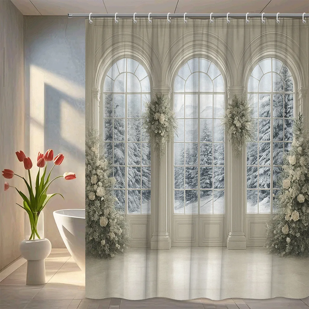 Winter Wonderland Shower Curtain Snowy Forest View Through Classical Arched Windows Elegant Home Decor Waterproof Elevate Space