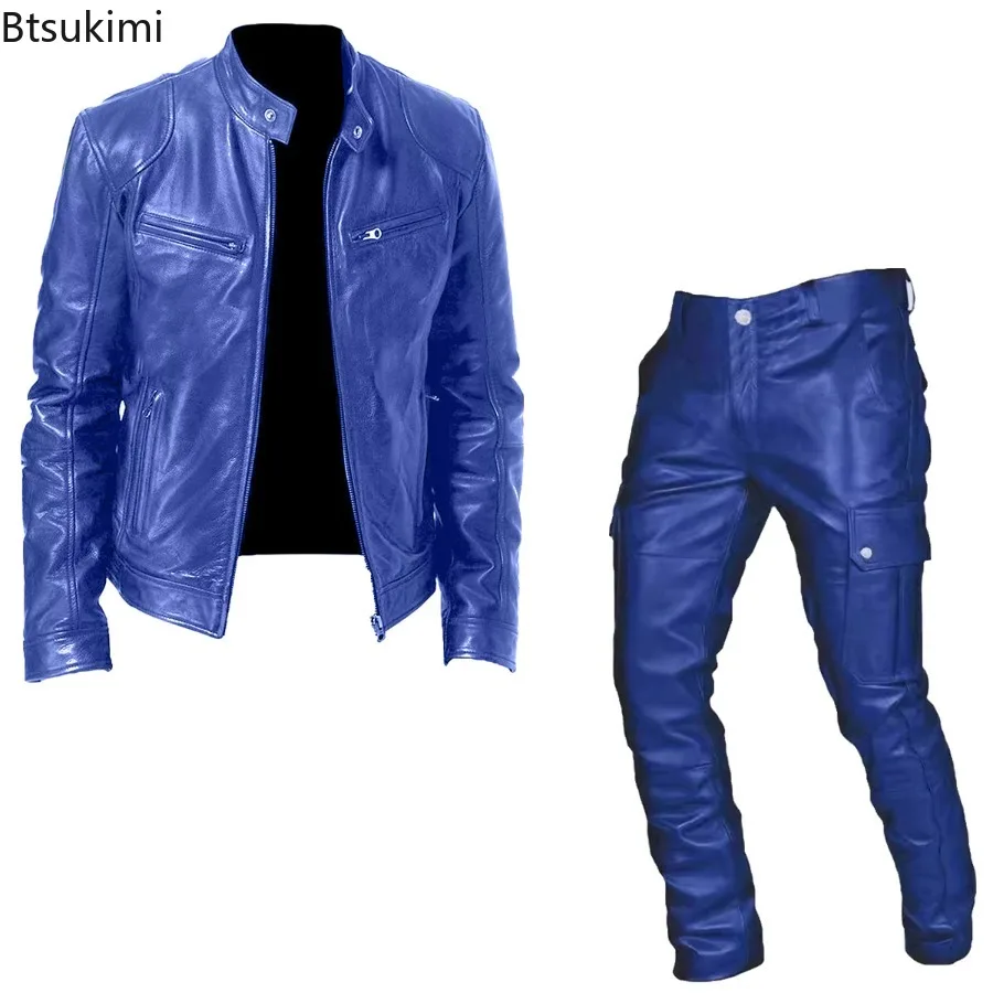 Fashion Motorcycle Leather Clothes Sets Men's Multi-pocket Stand Collar PU Jack… - Image 5