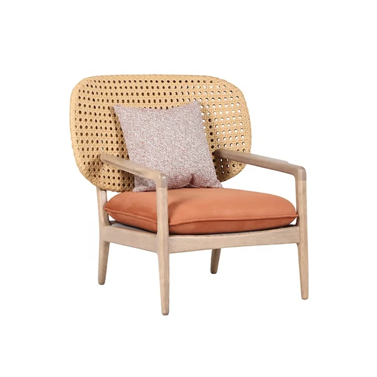 

vu-High Quality PE Rattan Solid Ashwood Upholstered Armchair Living Room Lounge Chair for Home Hotel&