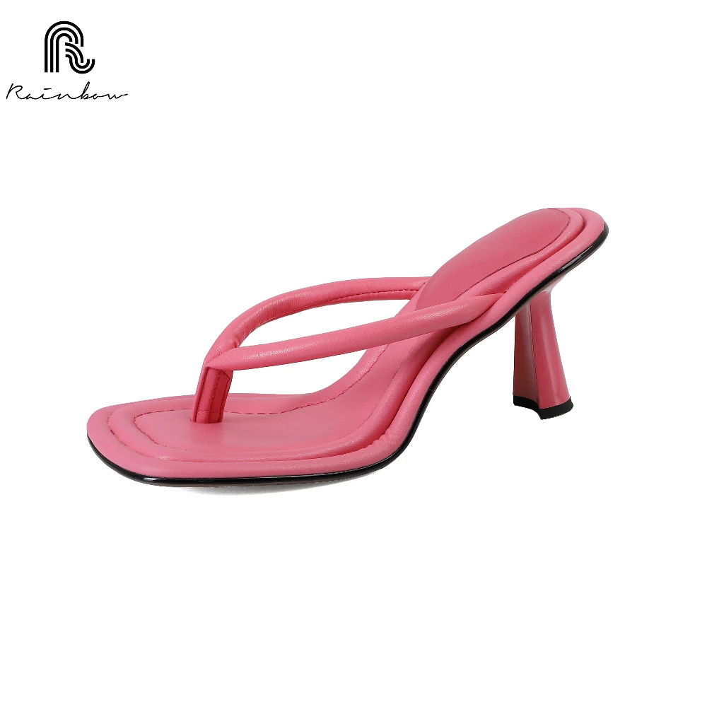 

RAINBOW Size 33-41 Classic Flip Flop Pu Leather Round Toe Thin High Heels Women Slipper Summer Shoes Pink Top Quality Sandals