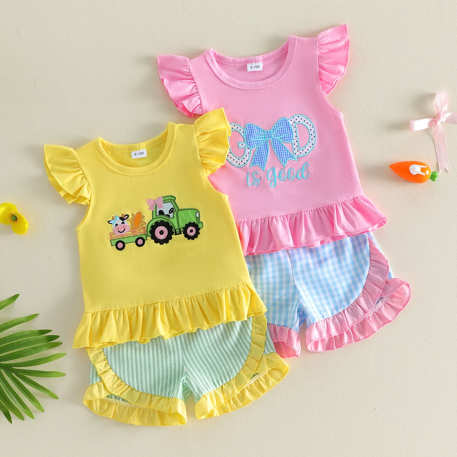 Little Girls 2 Piece Summer Outfits Adorable Letter Bow Embroidery Flying Sleeve Round Neck T shirt Tops Shorts Clothes Set