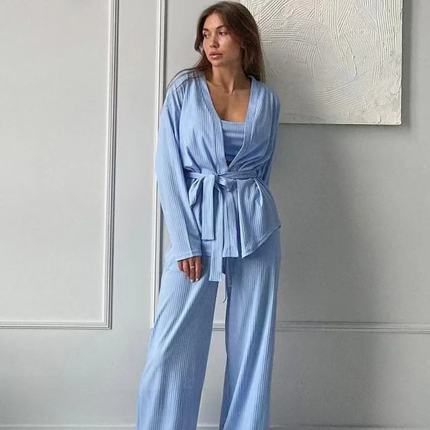 

Simple Sle Tee Piece Home Suit Set Spwear Nightgown with Strap Long Pants V-Ne Long Sve Autumn Season Women's Hom...