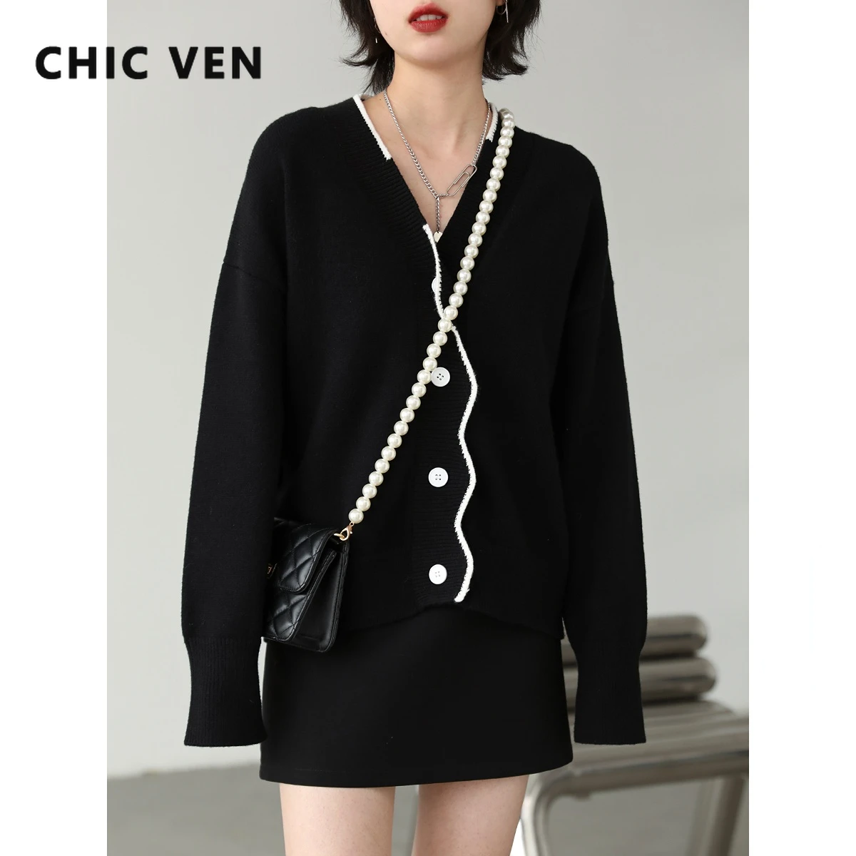 CHIC VEN  Women\'s Cardigan Basic Solid Loose Sweaters V Neck Long Sleeve Female Tops for Woman Lady Coat Spring Autumn 2022