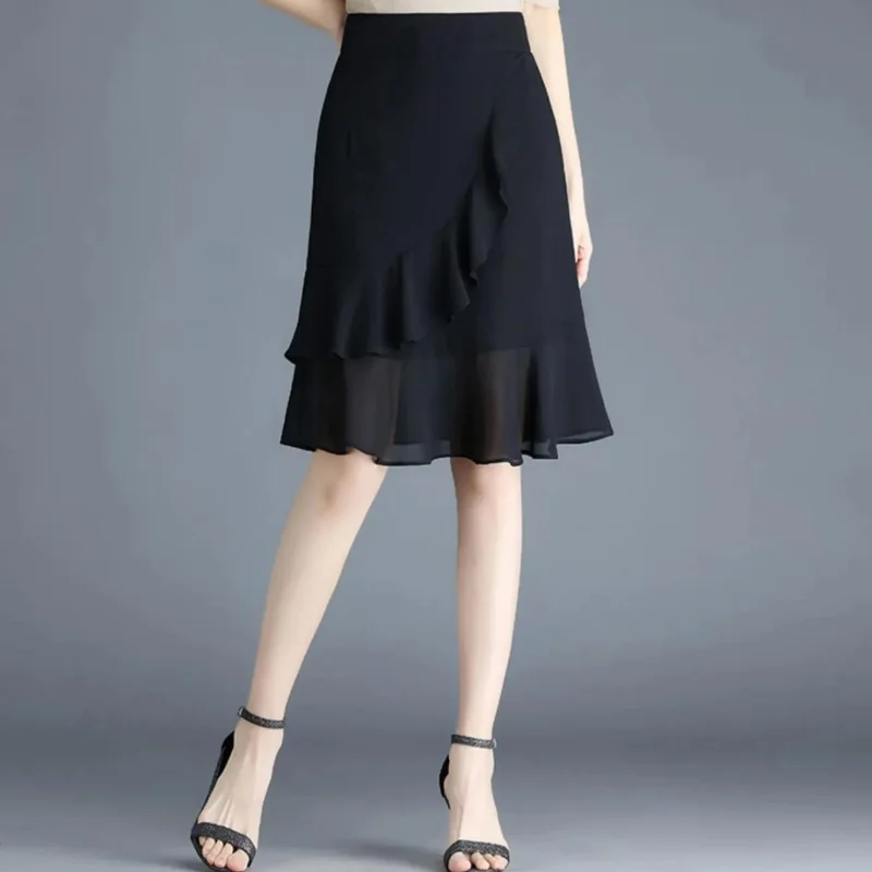 Korean Fashion Women Black Chiffon Half Skirts Summer New Office Lady Elastic High Waist Ruffles All-match Slim Fishtail Skirt