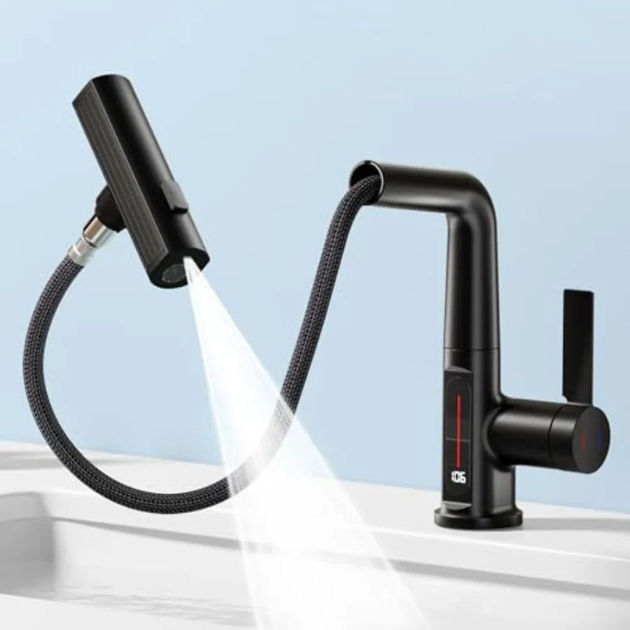 

Bathroom Sink Faucet 1 Hole with Temperature Display, Single Hole Rotatable Bathroom Faucet with Pull Out Sprayer, Modern Pull