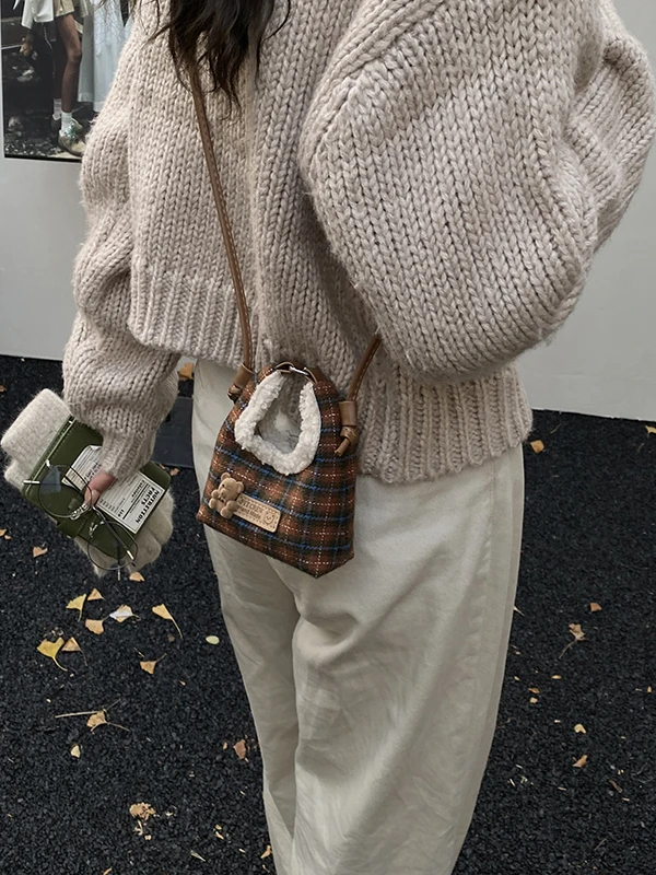 

Шерстяная сумка в клетку в стиле ретро, женская модная универсальная сумка через плечо Plu, повседневная простая сумка со съемным плечевым ремнем