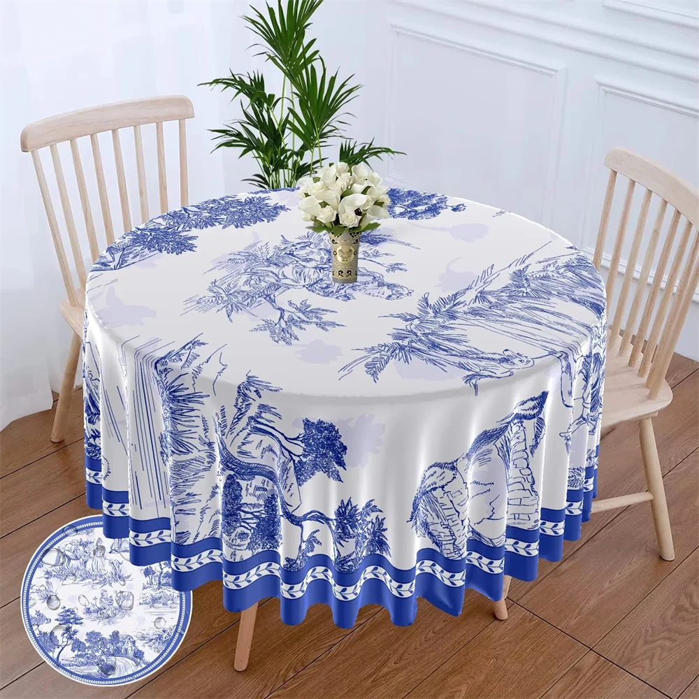 1 Piece Retro Blue White Porcelain Circular Tablecloth Waterproof Terrace Tapestry Curtain Head Multi-purpose 63 inch Tablecloth