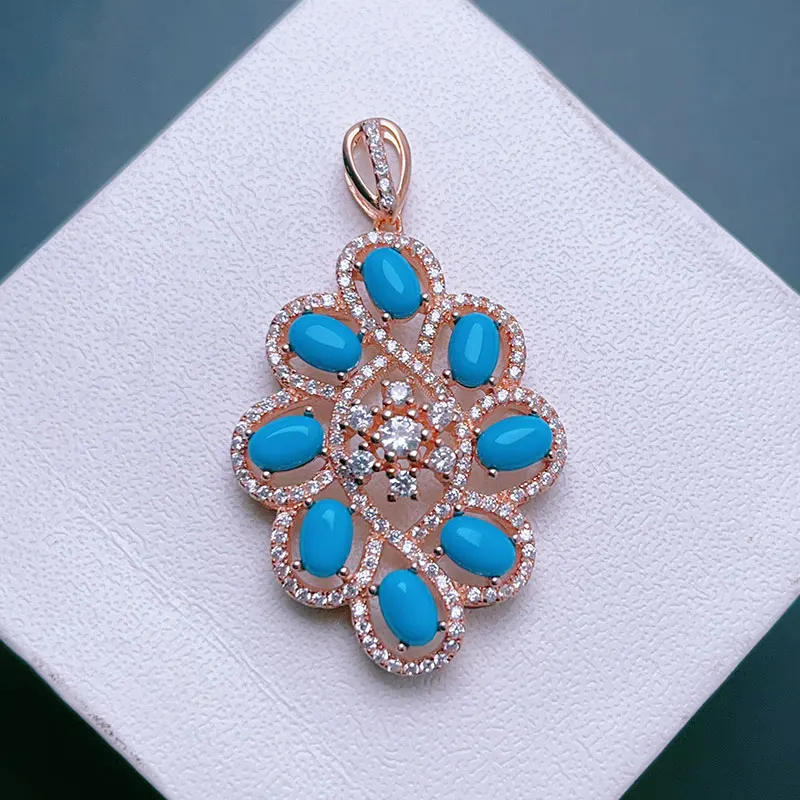 925 Silver Reconstituted Turquoise Pendant 4*6mm Total 4ct Natural Turquoise Powder Forming Gemstone Necklace Pendant