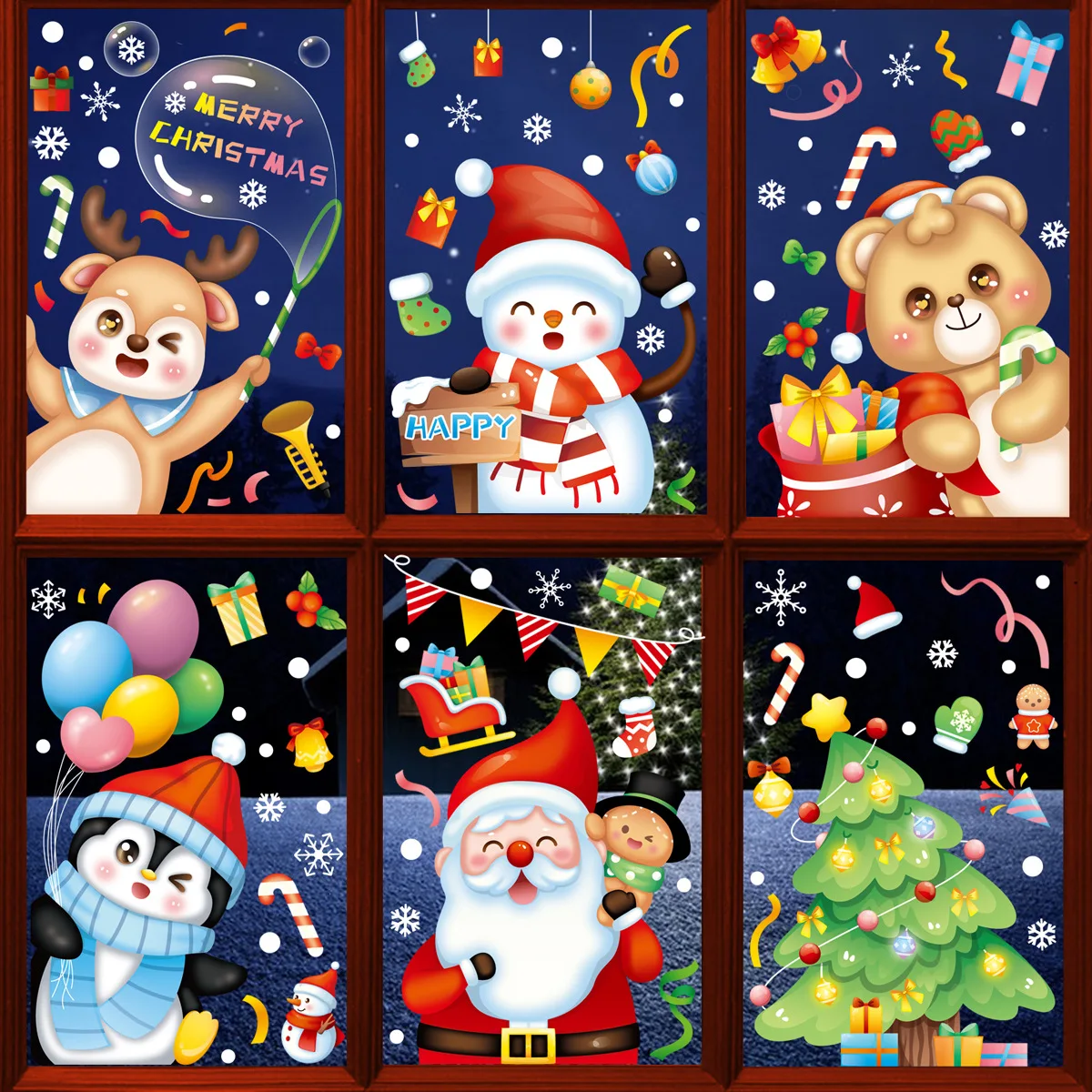 

New Christmas Cartoon Deer Santa Claus Snowman Penguin Bear Window Stickers Kid DIY Xmas Tree Glass Stickers Happy New Year 2026