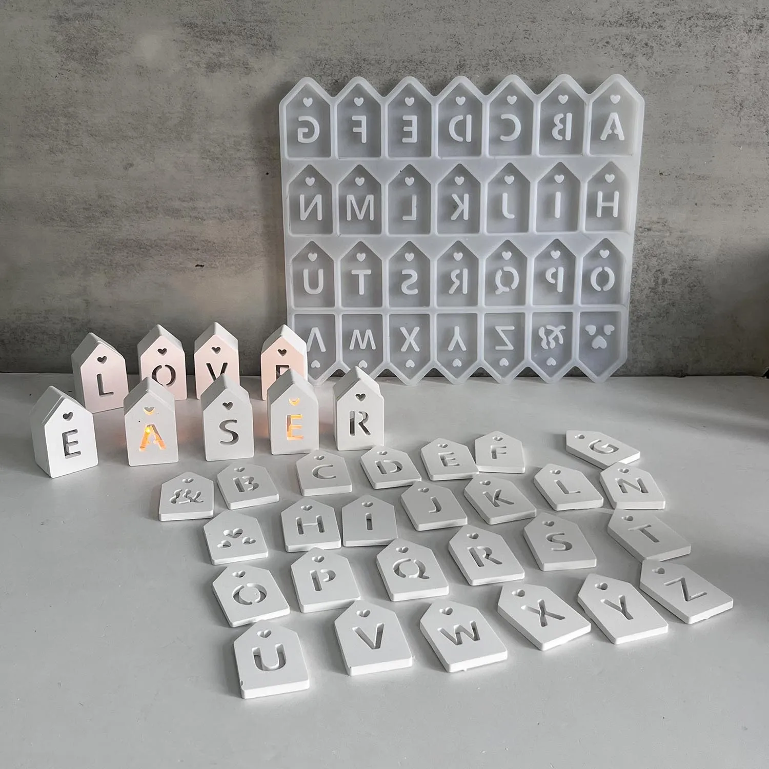 

English Letter Full-page Hollowed-out House Silicone Mold, Letter Atmosphere Light, Gypsum Epoxy Resin Mold, Nameplate Mold