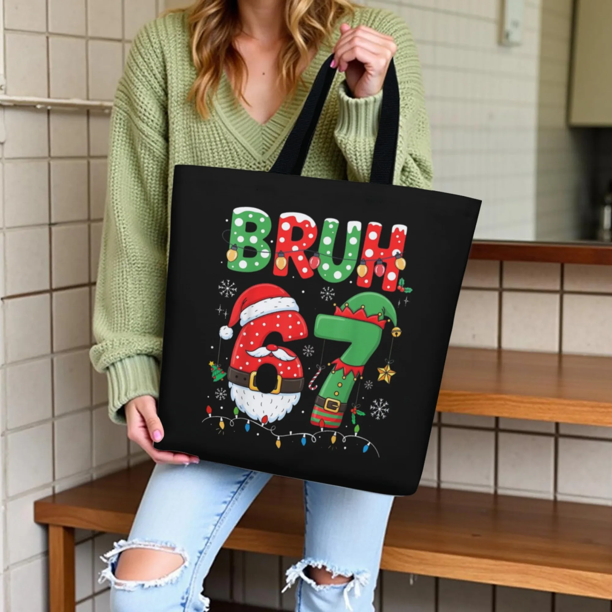 

Trendy Funny 67 Six Seven Christmas Trend Canvas Tote Bag Santa-Elf Print Fashion Reusable for Aesthetic Enthusiasts Daily Use