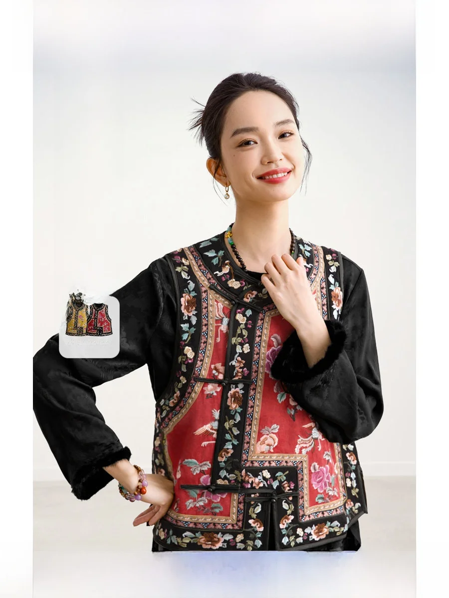 

ROCO New Chinese Style Embroidered Collar Jacket round Neck Side Button Flower Pattern Color Block Women's Vest Top