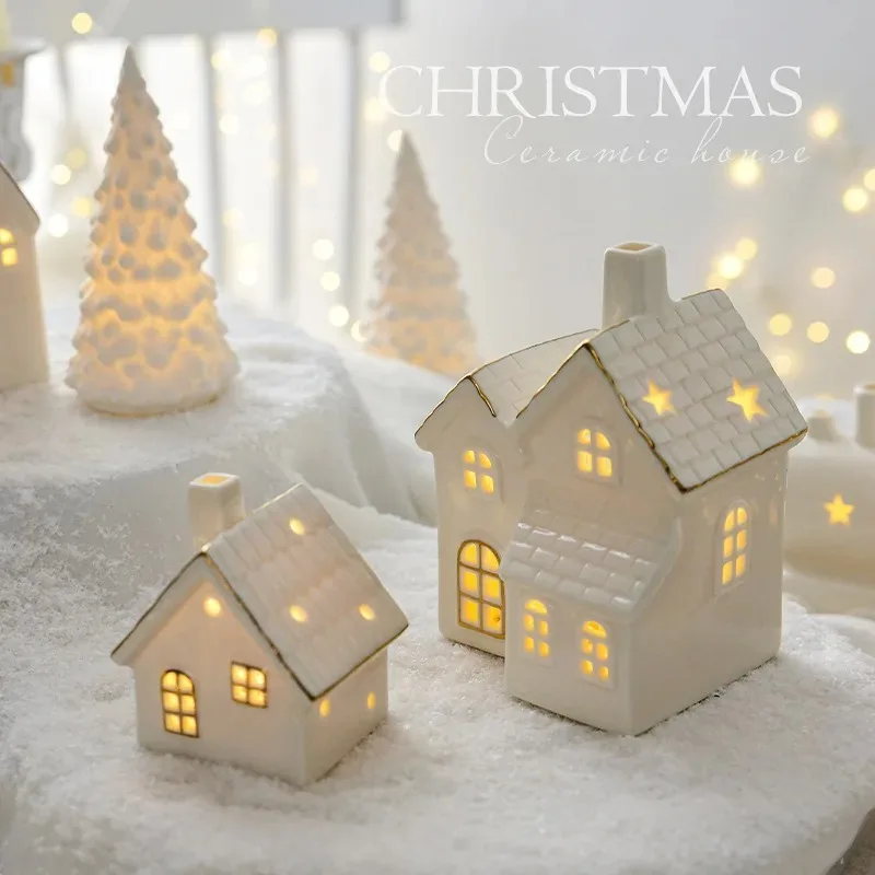 Miniature Christmas Village Houses Decor Snowflake LED Glowing Castle White Porcelain Desktop Ornament Christmas Decorations